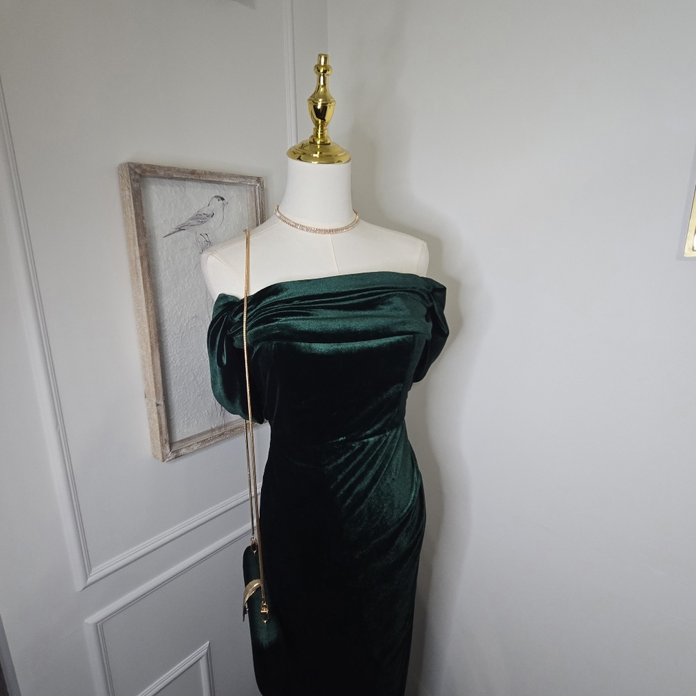 Luxurious Strapless Dark Green Velvet Gown - Picture 7 of 11